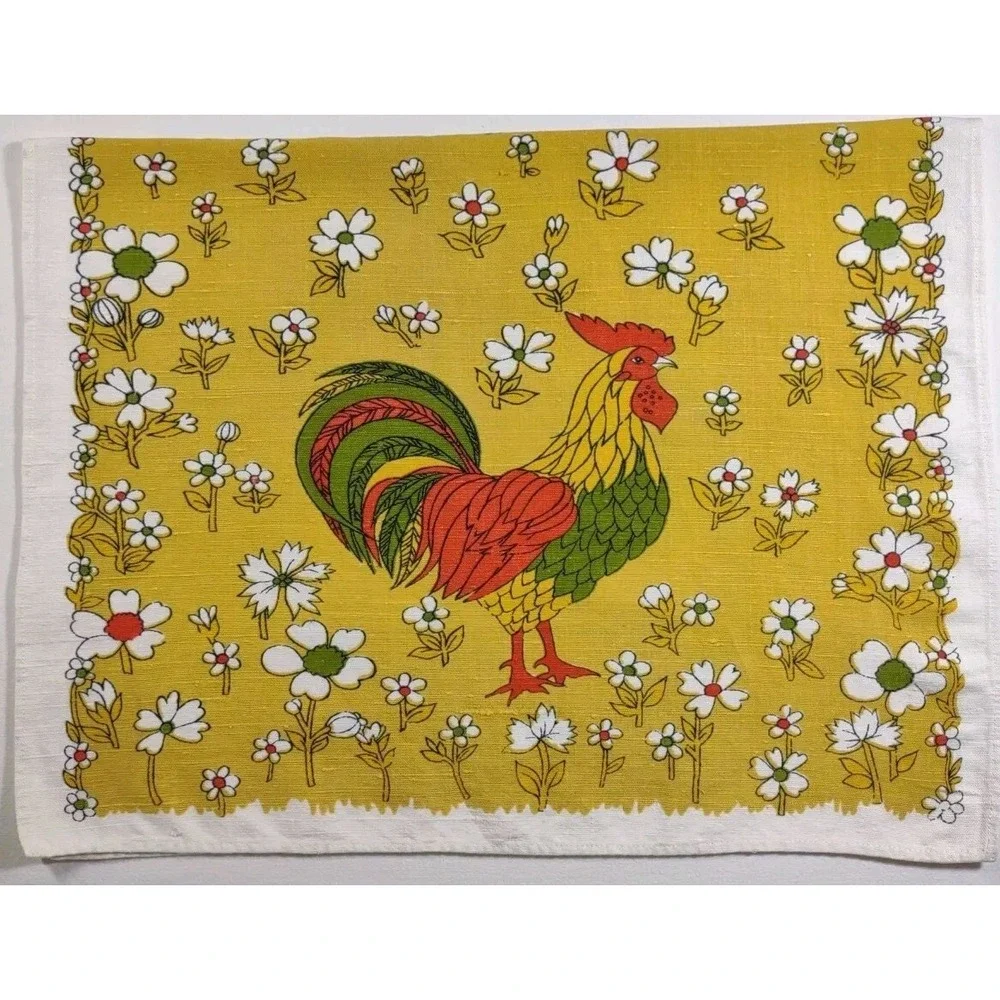 Vtg Rooster flowers gold green red 17 x 25